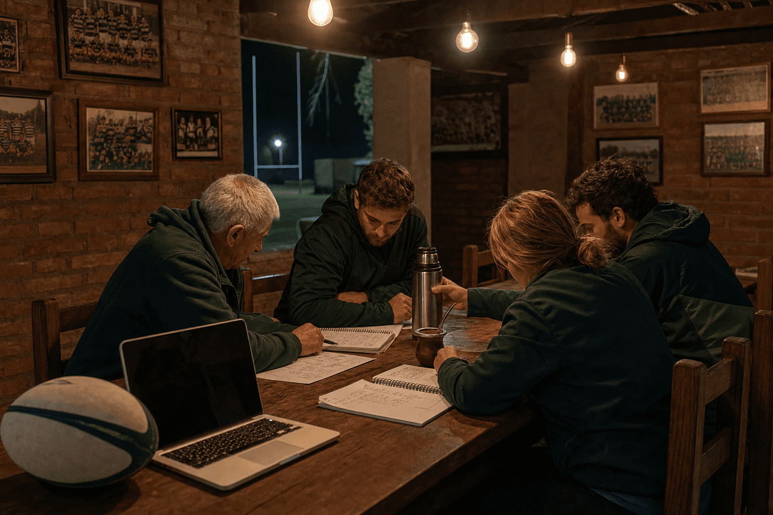 Un staff de rugby amateur de distintas edades planificando de noche alrededor de una mesa en el quincho del club, con cuadernos, notebook y mate