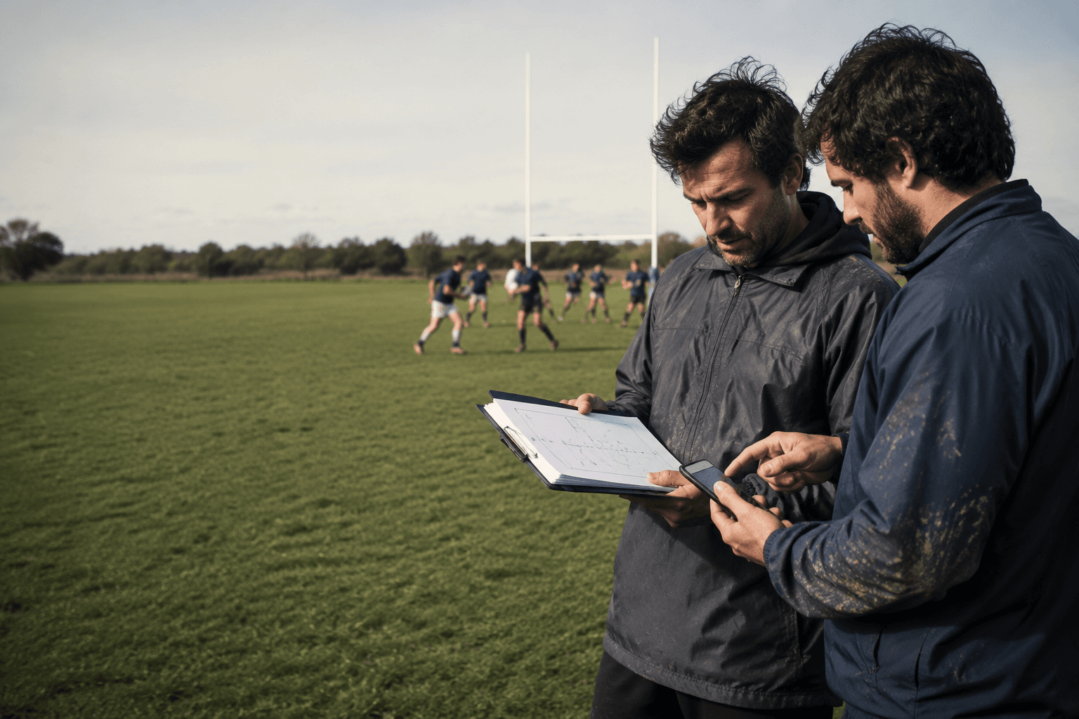 Dos entrenadores de rugby amateur trabajando al costado de la cancha durante un entrenamiento: uno sostiene una planilla con una jugada dibujada y el otro consulta su celular