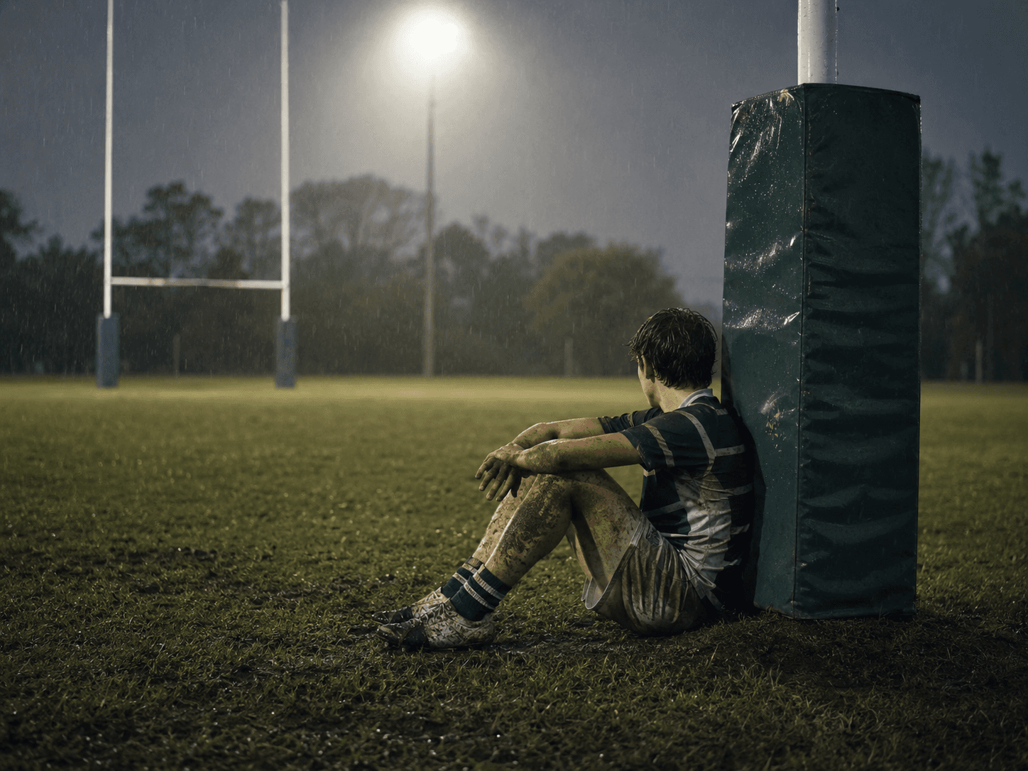 Un juvenil de rugby sentado bajo la lluvia contra el protector del palo, solo en una cancha vacía